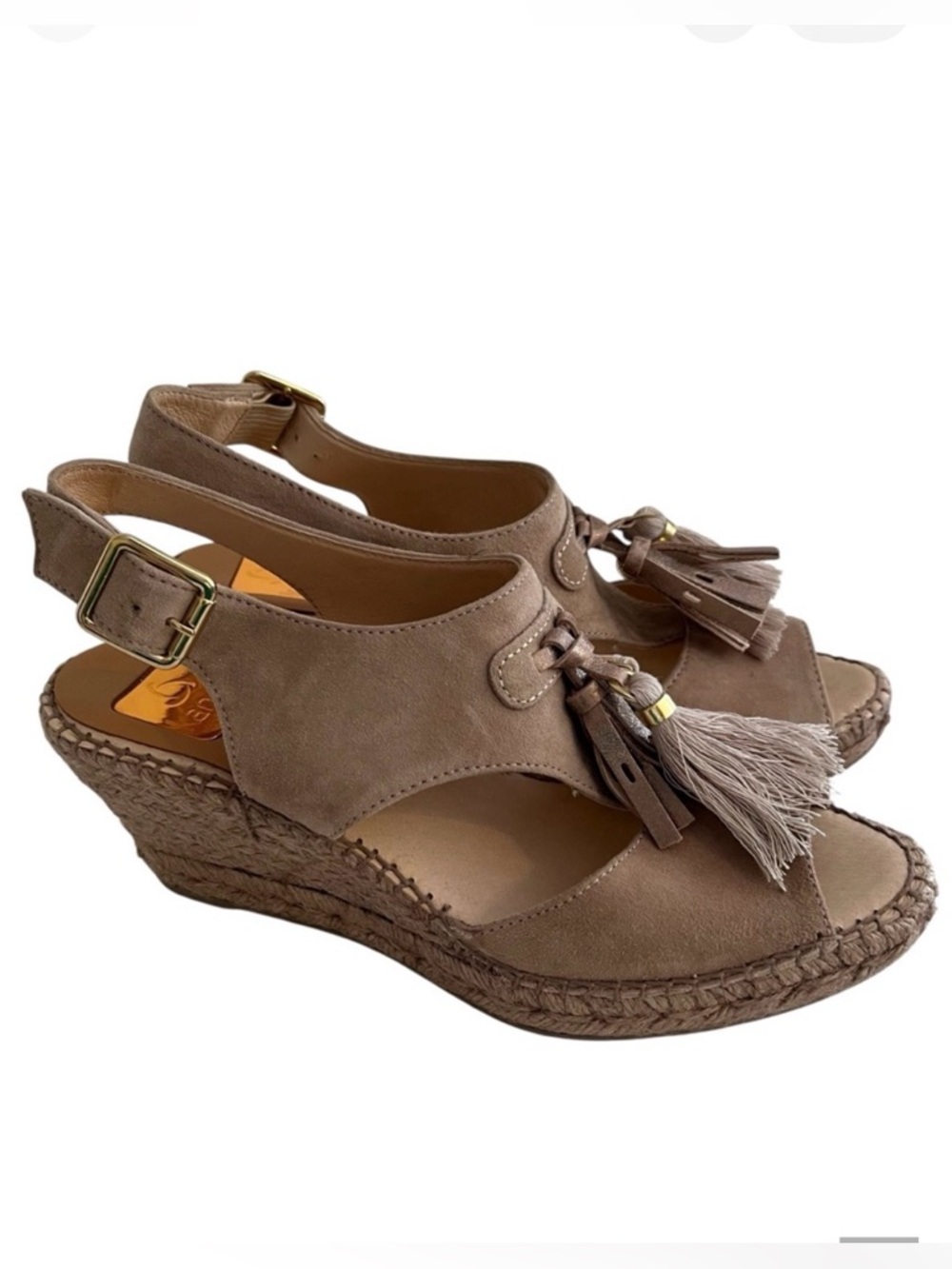 Kanna Tan Suede Wedge Sandals with Kiltie Tassel Detail 39(8.5) NEW